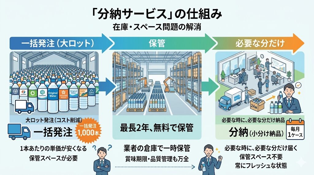 オリジナルボトル水の「分納サービス」を活用して保管スペース問題を解消