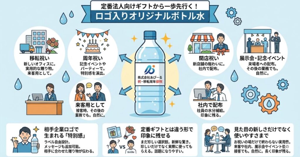 移転・周年祝いのギフトに、ロゴ入りオリジナルボトル水という選択肢