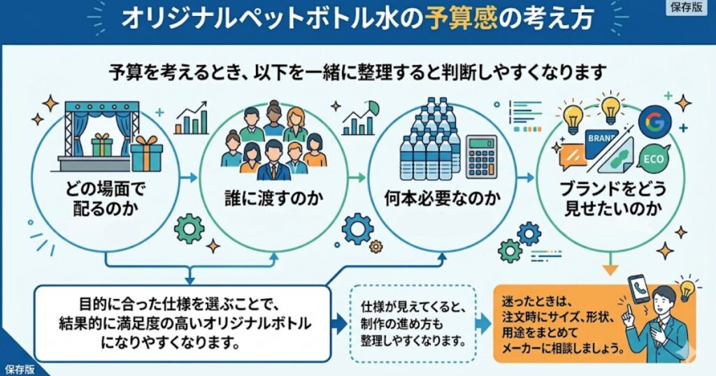 「オリジナルペットボトル水の予算感の考え方」