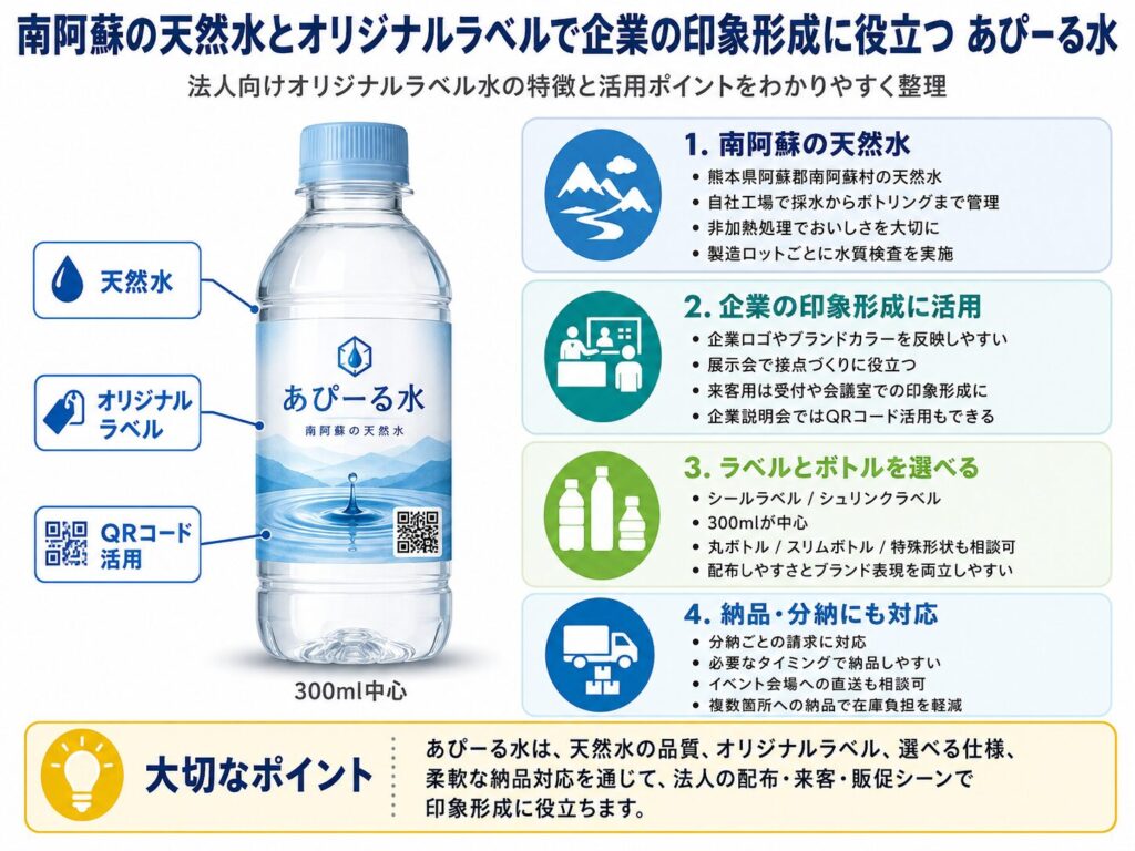 南阿蘇の天然水とオリジナルラベルで企業の印象形成に役立つあぴーる水
