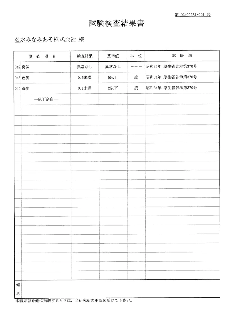 水質検査試験結果書