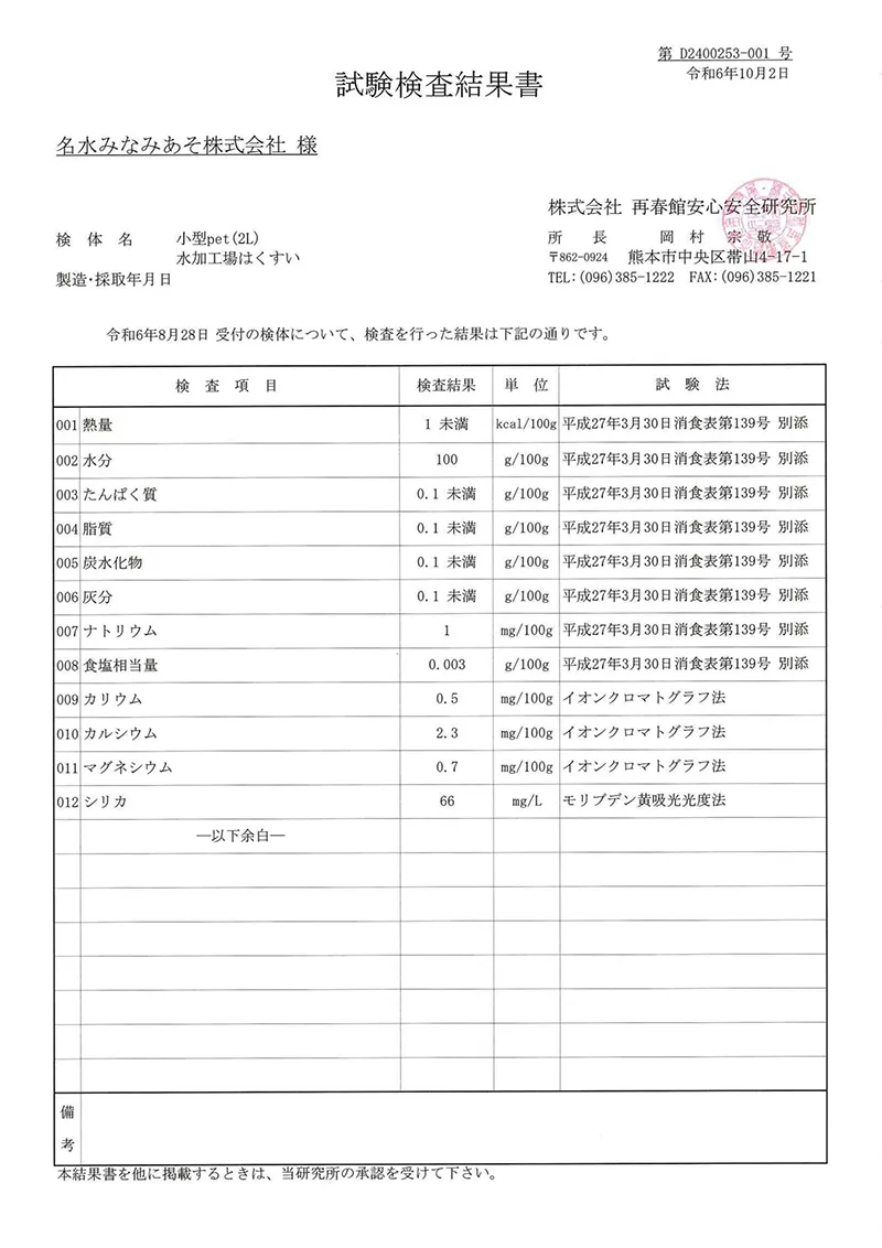 水質検査試験結果書